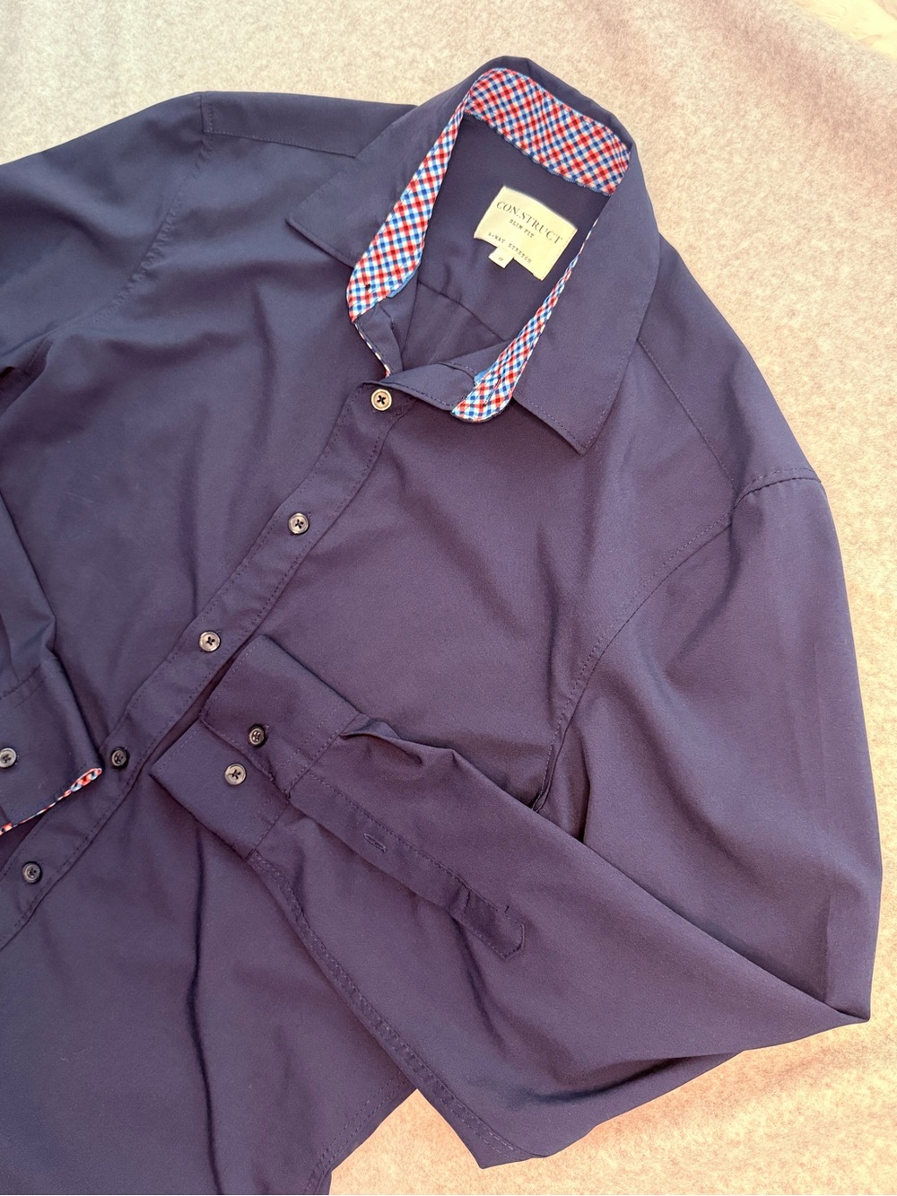 Con.Struct Navy Long-Sleeve Dress Shirt with Red & White Check Trim